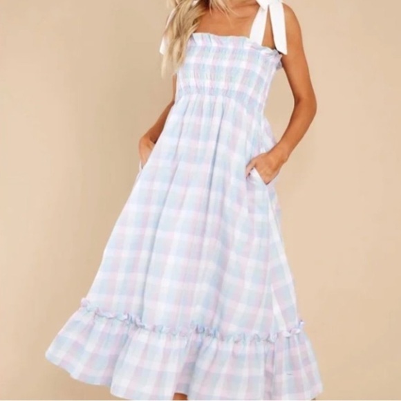 Mable Dresses & Skirts - Mable Boutique Purple Blue Gingham Plaid Smocked Tie Strap Midi Dress Medium*